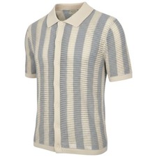 NWT Massive Luxury Knit Crochet Striped Button Down Shirt Gray/Cream Large