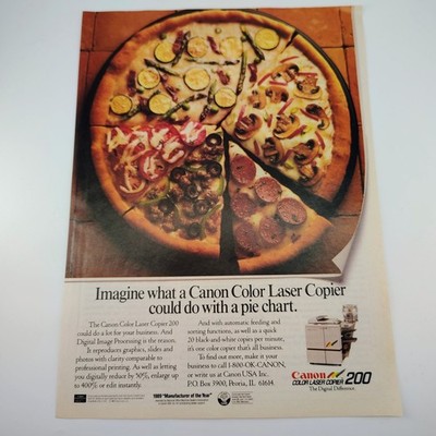 Canon Color Laser Copier 200 1989 Vintage Magazine Ad Pizza Pie Chart Tech Retro