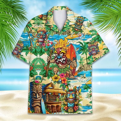 Tropical Tiki Head Hawaiian Shirt Men Summer Beach Aloha Button Up