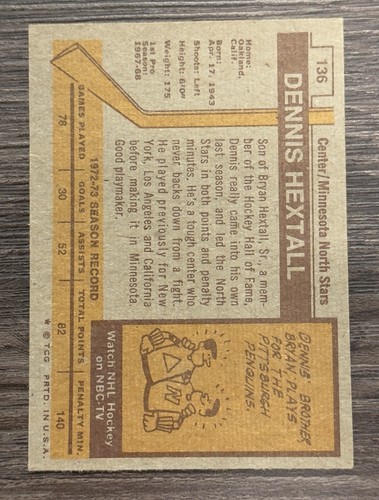 1973-74 Topps Dennis Hextall Minnesota North Stars #136 - Bild 2 von 2