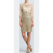 Sue Wong Draped Back Beaded Special Occasion Dress 3/4 Sleeves Beige Size 10