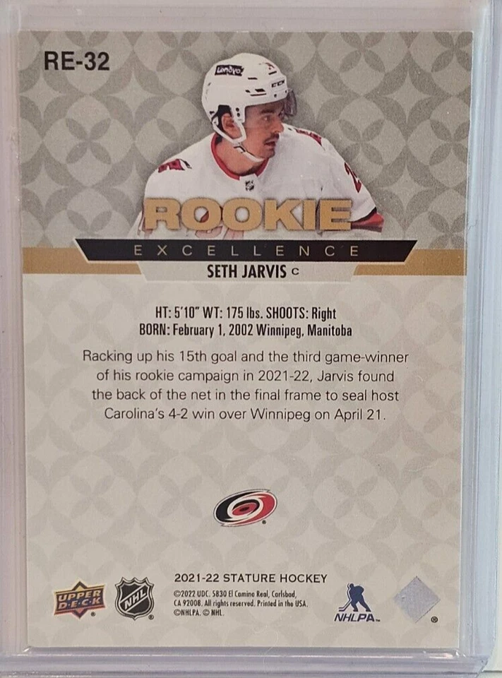 Seth Jarvis 2021-22 Upper Deck Stature Rookie Excellence #RE-32 Hurricanes - Image 2 of 2