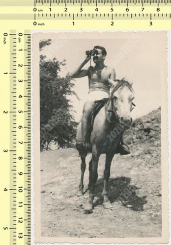 Shirtless Man with Binoculars Riding Horse Guy Abstract vintage original photo - Picture 1 of 2
