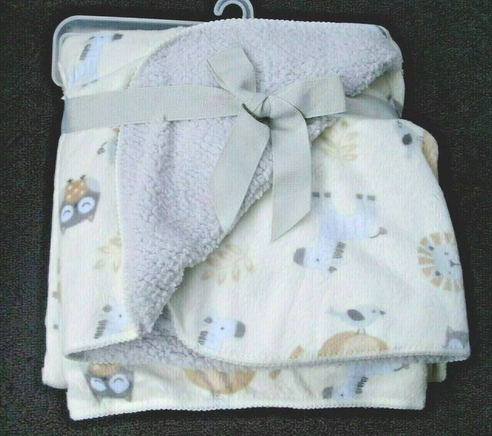 Cobertor infantil Just Born branco vison cinza sherpa leão elefante coruja girafa NOVO - Imagem 2 de 4