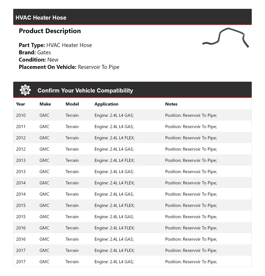 Manguera de calefacción para GMC Terrain 2010-2017 depósito a puertas de tubería 2011 2012 Foto 2 de 4