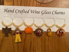"THANKSGIVING ,TURKEY, FALL"  SET OF 6  HAND CRAFTED Wine Glass Charms