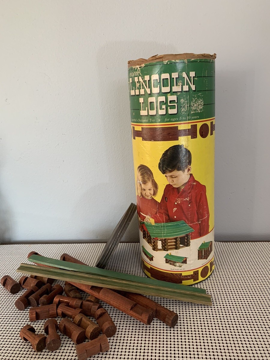 Vintage 1960's Wood Toy Builder Set Tube by Lincoln Log
