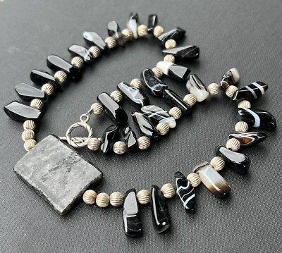 Vintage STERLING SILVER Textured Beads Black Agate NECKLACE Toggle Clasp