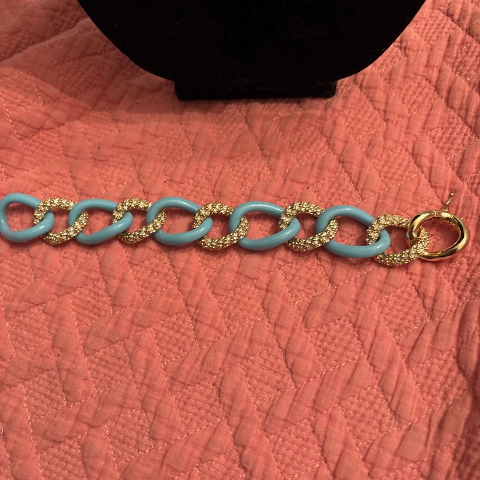 Vintage Brighton Turquoise Gold Tone Crystals Link Bracelet 8 “ - Image 2 of 4