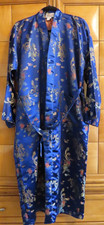 Vintage Golden Dragon Kimono-style Long Robe, 100 Pure Silk, Blue, Size L, NWOT