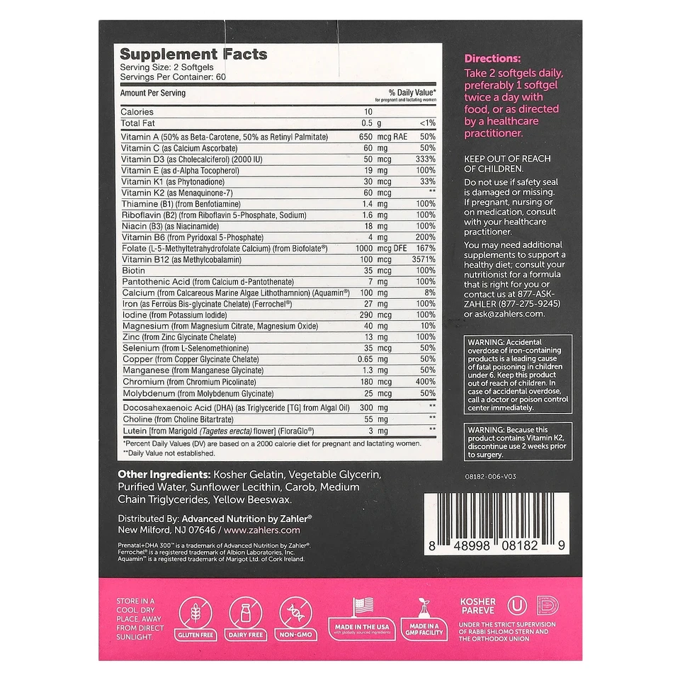 Zahler Prenatal DHA 300 120 cápsulas blandas sin gluten, calidad GMP asegurada, kosher Foto 2 de 3