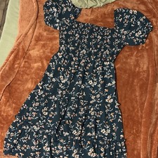 Navy Floral Puff Sleeve Smocked Mini Dress with Ruffle Accents, Square Neck