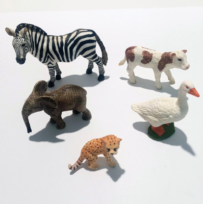 Schleich Animal Set of Five (5) - Cheetah Cub+Elephant+Goose+Adult Zebra+Calf