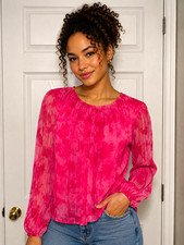 Women's XL Pink Abstract Print Polyester Round Neck Sheer Balloon Sleeve Blouse
