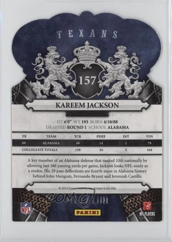 2010 Panini Crown Royale Blue /100 Kareem Jackson #157 Rookie RC - Image 2 of 2