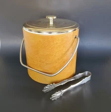 MCM Irvinware Butterscotch Faux Leather Ice Bucket, Chrome Cover & Tongs Barware