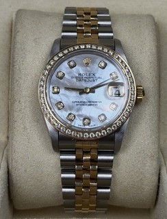 1995 ROLEX MIDSIZE WATCH 68273 18k & SS MOP DIAMOND DIAL & BEZEL SERIAL W