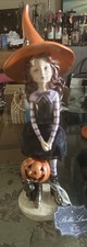 Bella Lux Resin Halloween Witch with Orange Pumpkin Basket Gold Cat
