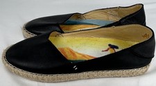 Olukai Kaula Pa'a 'Ili Black Leather Espadrille Cork Slip On Shoes Womens 7