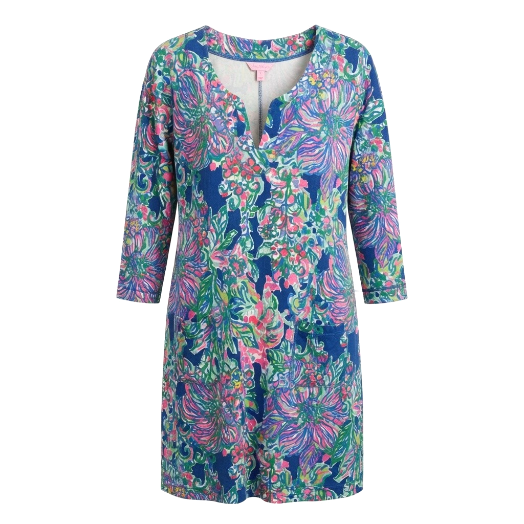 lilly pulitzer knit dresses Joyce XL Shift Dress UPF 50 Indigo Exotic Escapade Blue Pink Primavera Couture Short Dress 4211