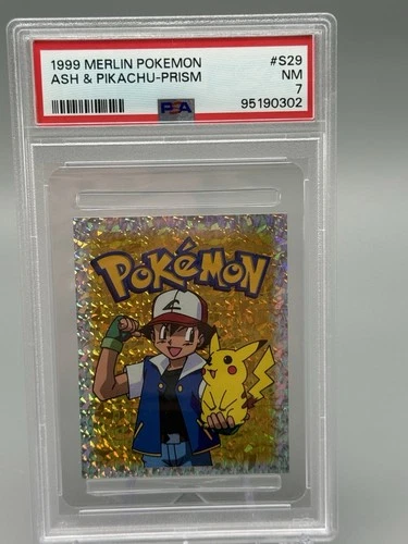 Ash Ketchum Pikachu #S29 Merlin Pokemon Album Stickers Silver Prism 1999 PSA 7
