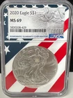 2020 $1 AMERICAN SILVER EAGLE NGC MS69 USA FLAG CORE HOLDER
