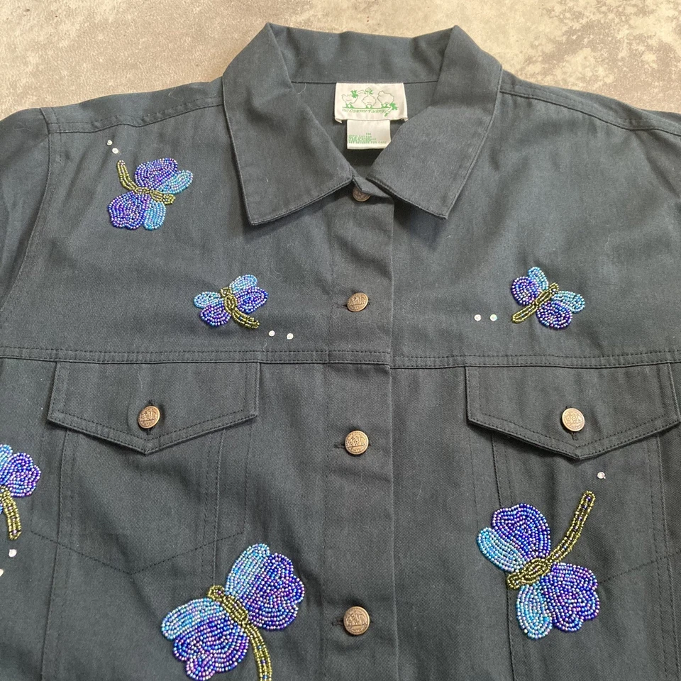 Quacker Factory Jacket Womens sz 1X Black Beaded Dragon Fly Button Pockets Denim - Image 2 of 4