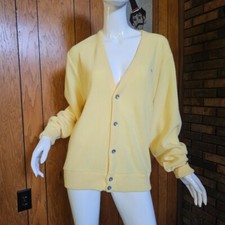Vtg 80s Izod Crest Mens Yellow Grampa Preppy Grunge Cardigan Tennis Sweater M/L