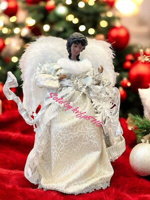 Windy Hill Silver African American Angel Christmas Topper Faux Feather Wings
