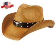 Bull Horn Cowboy Hat Straw Leather Studded Western Riding Men's Hat Fancy