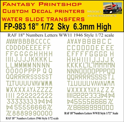 RAF 18'' BUCHSTABEN ZAHLEN WASSERSCHIEBE TRANSFER MODELLE KITS DECALS FP-983 SKY 1/72