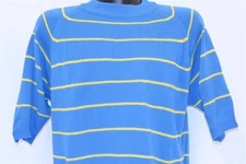 vintage 70s RICHMAN BROTHERS BLUE YELLOW STRIPE SHORT SLEEVE ACRYLIC SWEATER L