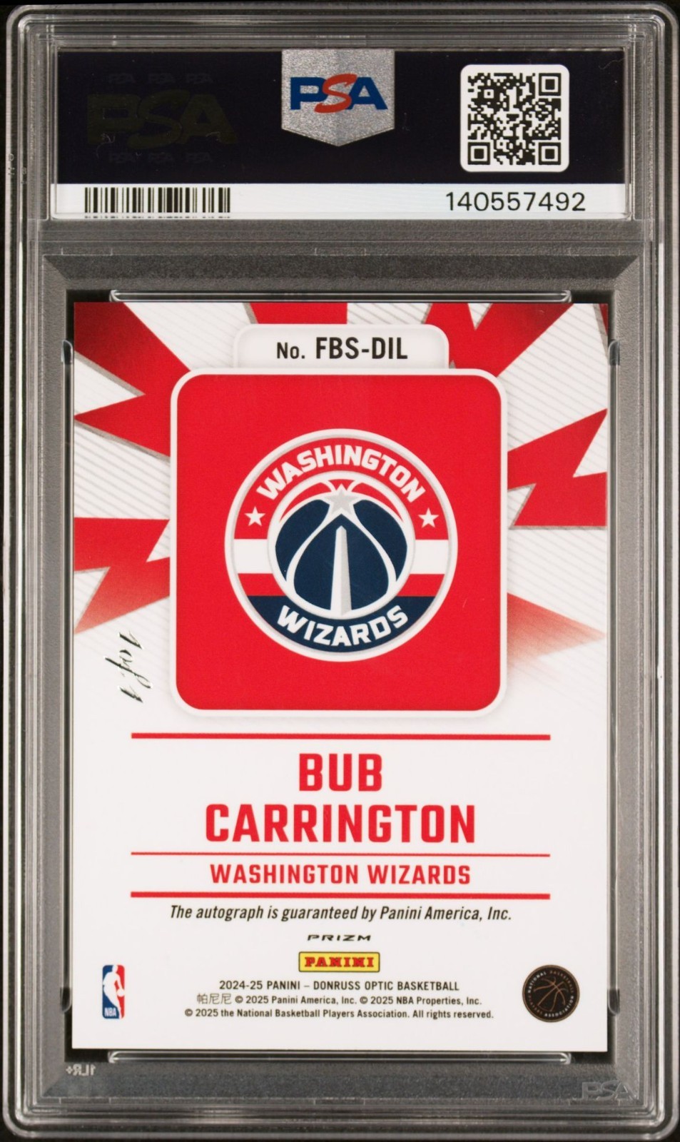 Bub Carrington  1/1 RC 2024-25 PANINI OPTIC PSA 10 FAST BREAK SIGNATURES Rookie view 2