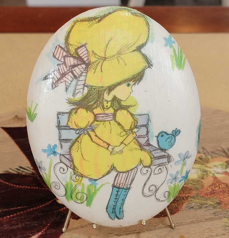 Wood Oval Ornament Girl Sitting on Bench w/ Stand