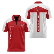 NEW Custom Name Corvette C8 Racing Red White Logo 3D Polo Shirt Men's S-5XL
