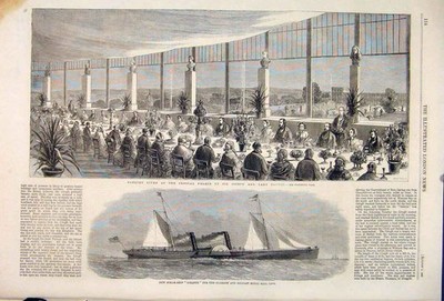 Original alter antiker Druck Bankett Kristall Palast Paxton Dampfschiff Giraffe 1860