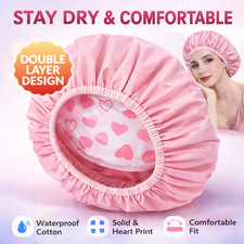 Reusable Waterproof Shower Cap for Women Pink Double Layer Solid and Heart Print