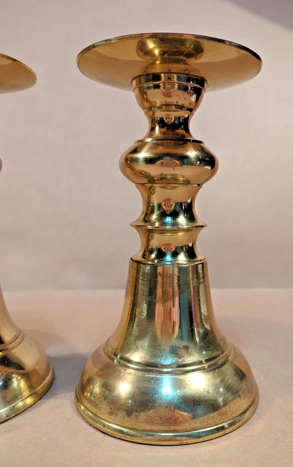 Vintage 8.5" Brass Bell Shaped Pillar Candle Holders Set Made In India - Image 4 of 4