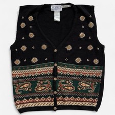 Vintage Jantzen Classics Black Knit Embroidered Paisley Design Earthy Green Vest