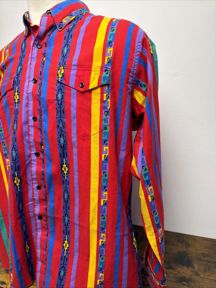 Vintage Wrangler Cowboy Cut Rare Aztec Design Western Shirt 18-36 X-Long Tails - Image 2 of 4