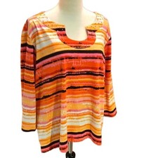 Ruby Rd. Sunset Colors 3/4 Sleeve Top w/ Beaded Horseshoe Collar Women size 3X