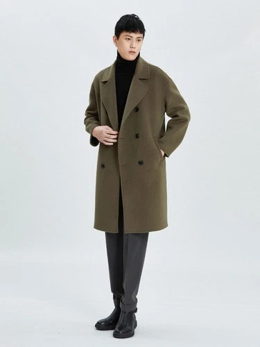 Mens Double Breasted Lapel Collar Mid Long 100% Wool Trench Coat Overcoats Loose - Picture 28 of 29