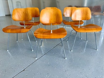2000s Set of 6 Herman Miller Eames DCM Dining Chairs in Walnut and Steel