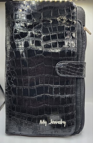 BLACK MOC CROC EMBOSSED faux leather JEWELRY TRAVEL ORGANIZER Bag Zipper Case