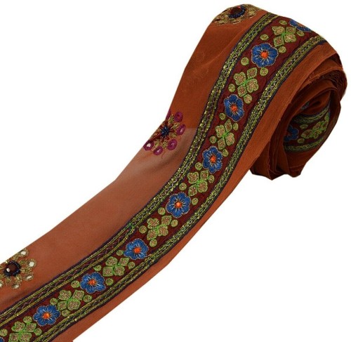 Vintage Sari Border Indian Craft Trim Embroidered Beaded Ribbon Lace Maroon Rust - Picture 3 of 6