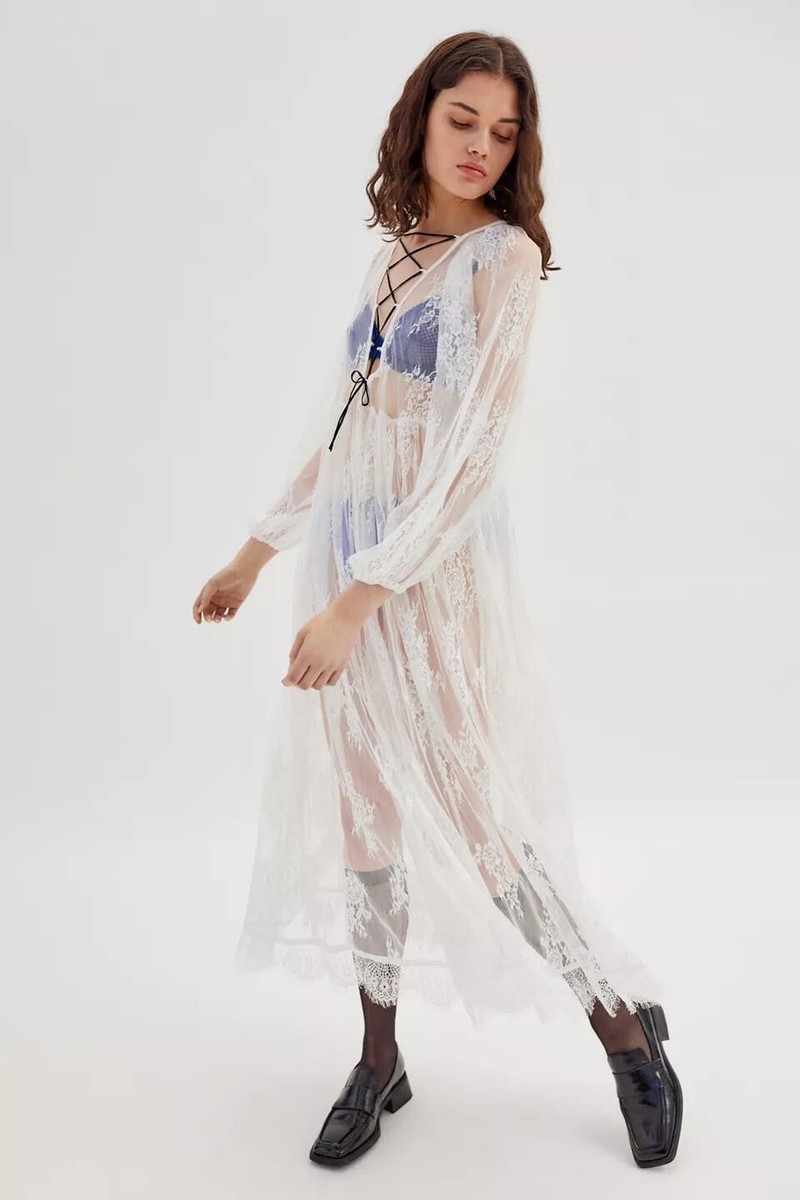 Urban Outfitters UO Toulouse Sheer Lace Midi Dress White M Bikini Coverup |  eBay