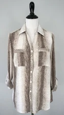 VALERIE STEVENS Snake Croc Print Tan White Button Front Shirt Top Size Small