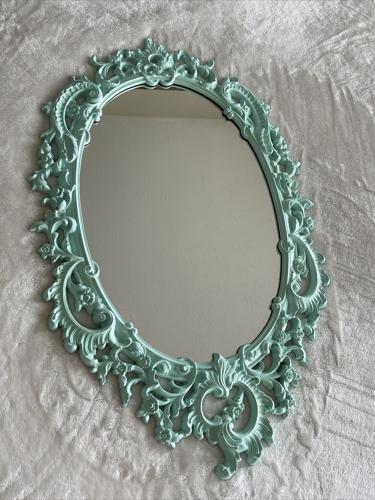 Vintage MCM Rococo Hollywood Syroco Ornate Mirror 29x19” Oval Blue Shabby Chic