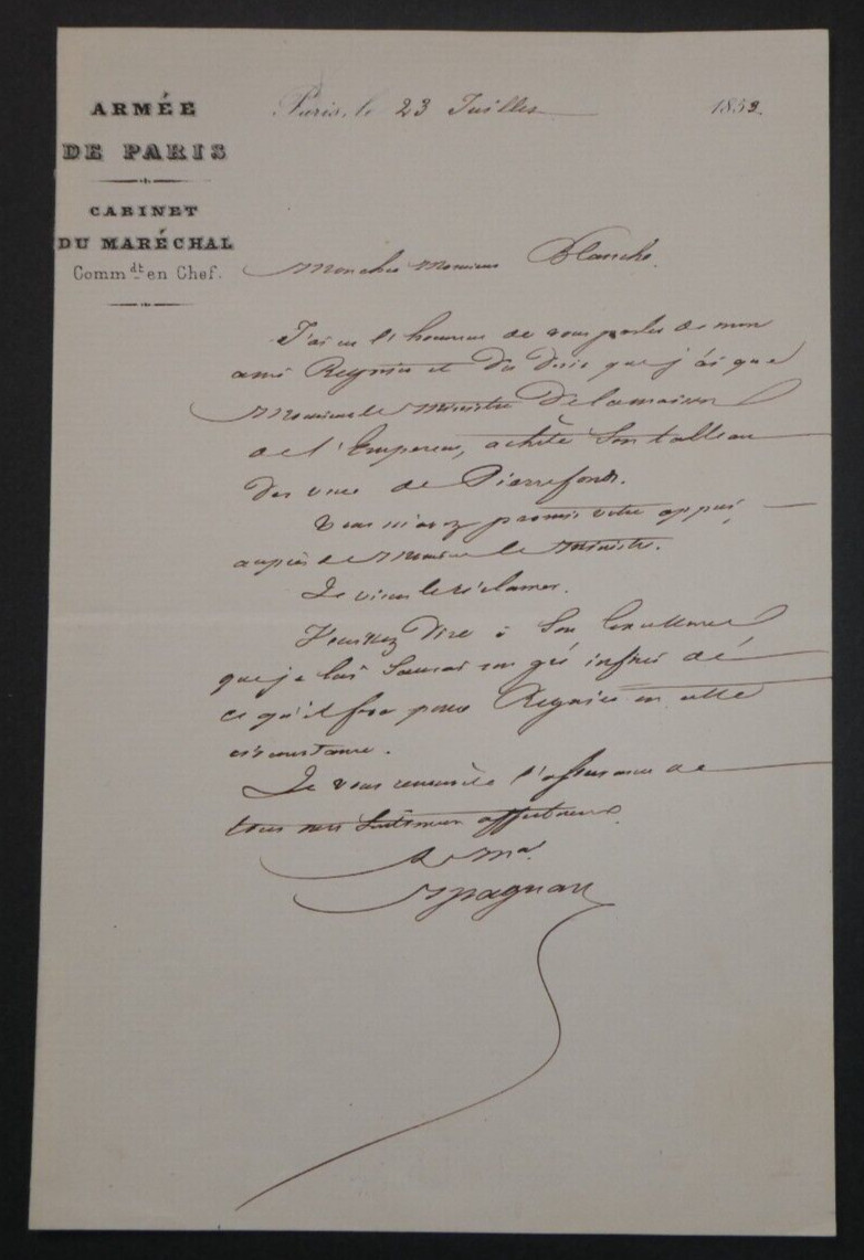 Bernard Stone Magnan, Marshal - Letter Signed Autograph a Mr Blanche 1852