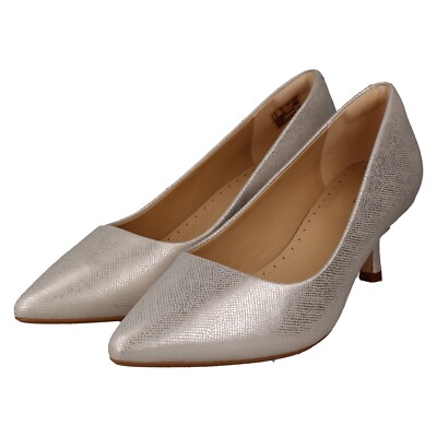 LADIES CLARKS SILVER METALLIC KITTEN HEEL COURT VIOLET55 RAE UK